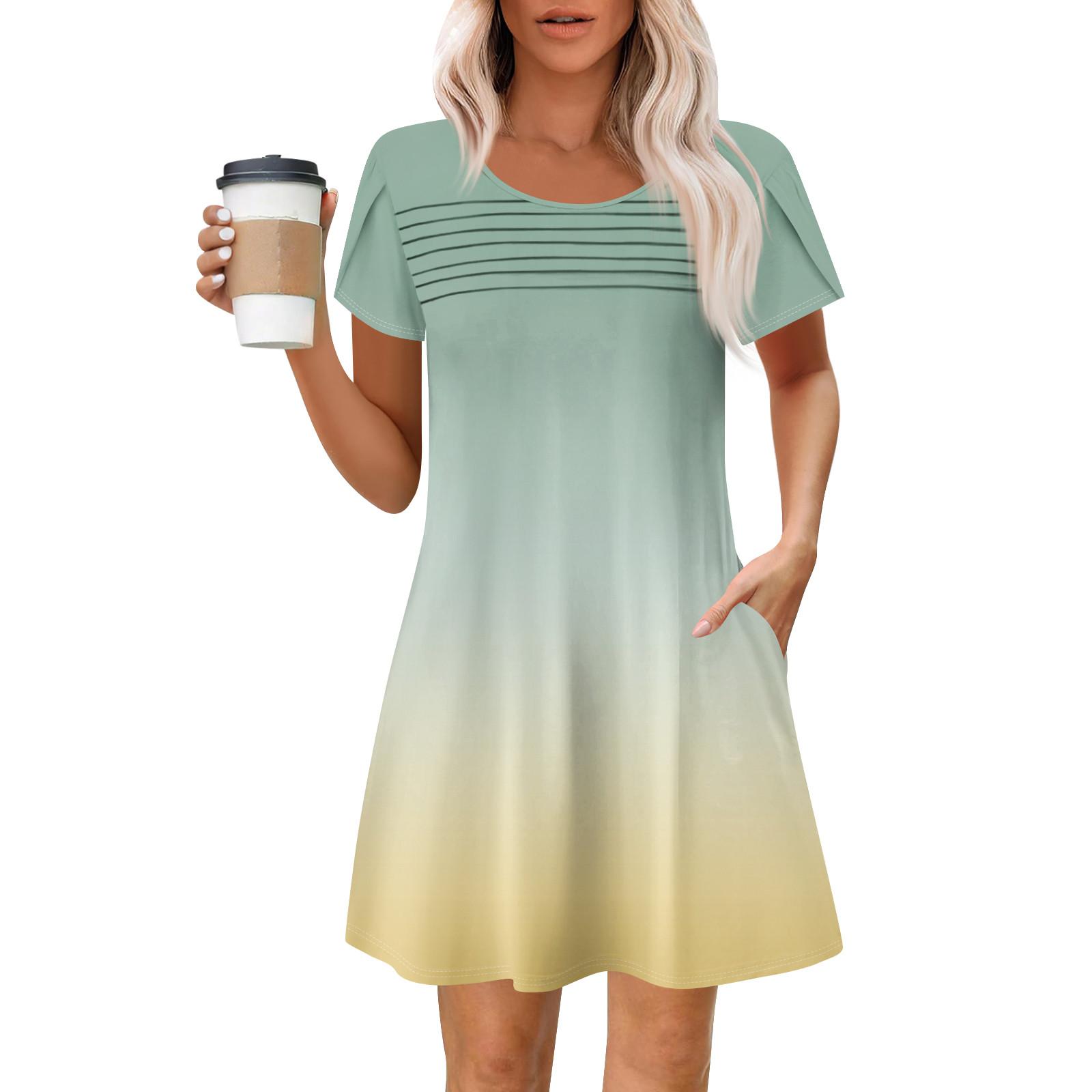 

Women s Summer Casual Round Neck Pleated With Pockets Printed Short Sleeve Dresses XL