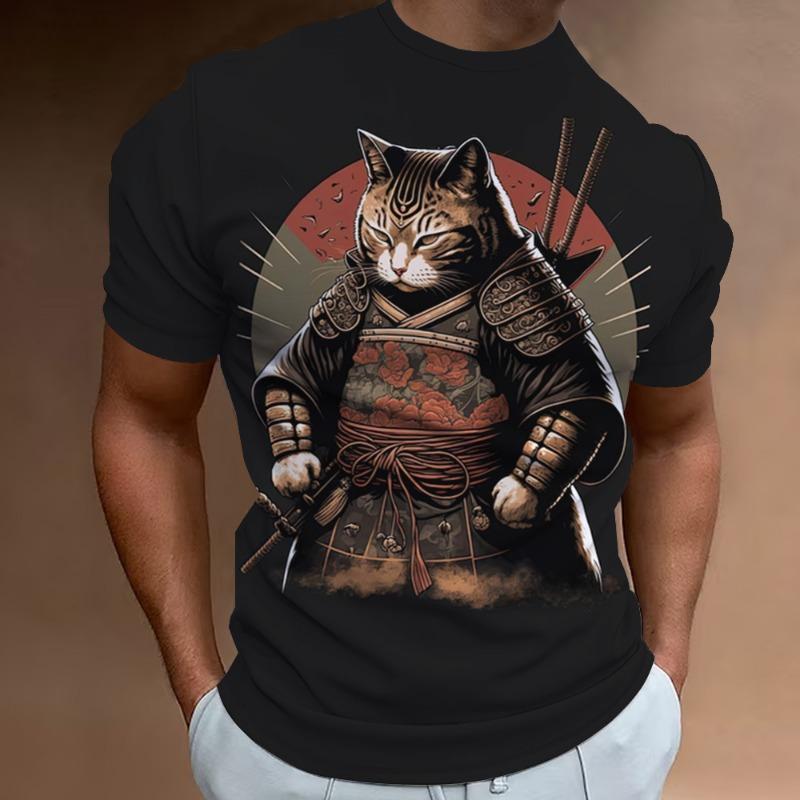New Retro Men's T-Shirt 3d Samurai Cat Print Short Sleeve T-Shirt For Men Fashion Oversized Man Clothes