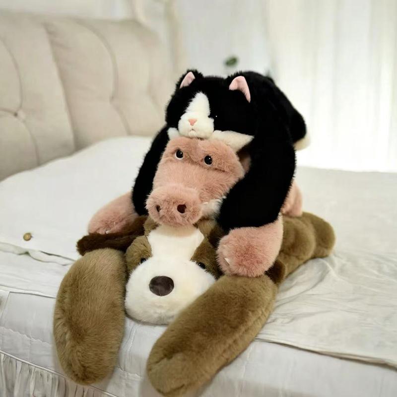 Flat Black White Tuxedo Cat Plush Cozy Toy Cute Doll Rounded Squat Silhouette Pink Inner Ear Simple Gentle Facial Stitch Compact