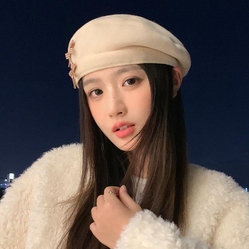 South Korea's new autumn and winter bow woolen beret women's warm thickened face small bud hat