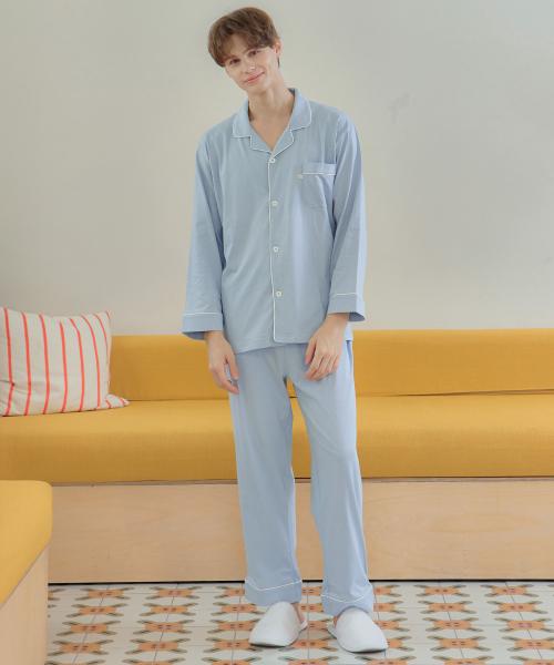 [May Flower] Soft Light Blue Long Sleeve Pure Cotton Men's Plus Size Pajamas Set [Shipped from Korea] 100% Authentic