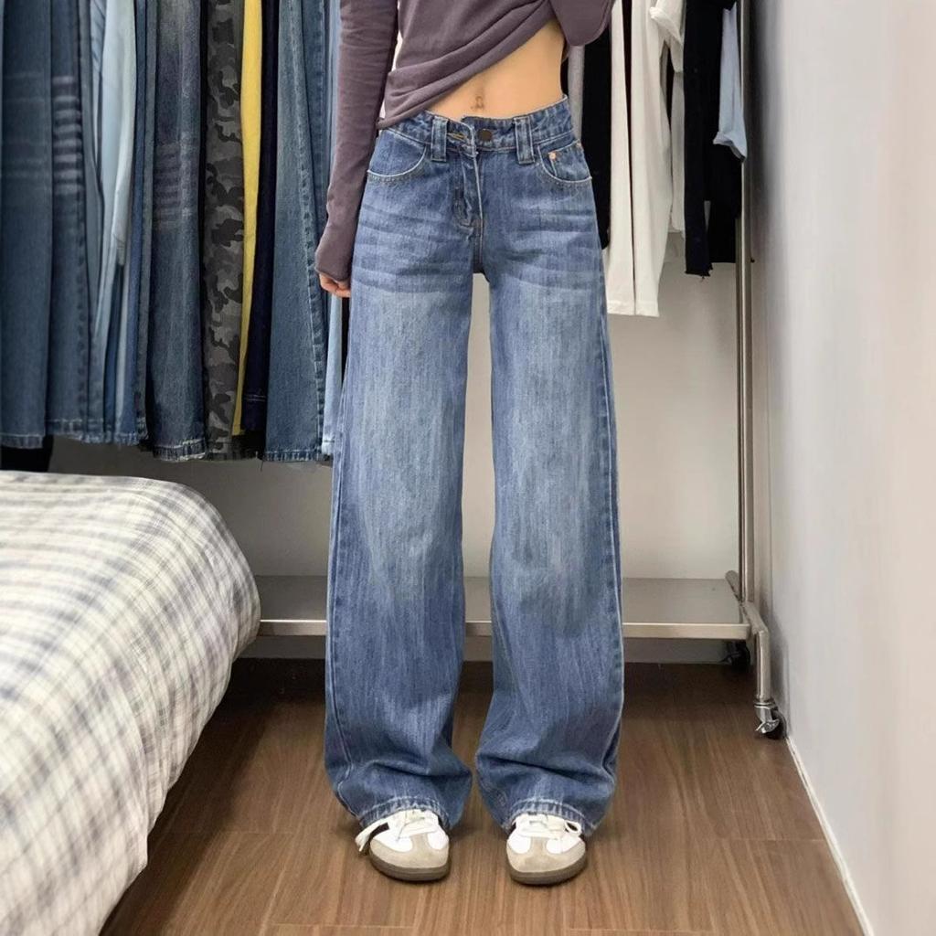 Rear Pockets Designed Big Size Denim Jeans Women Mid Waisted Covering Flesh Blue Loose Drag Floor Straight Wide-leg Trousers Long Denim Pants