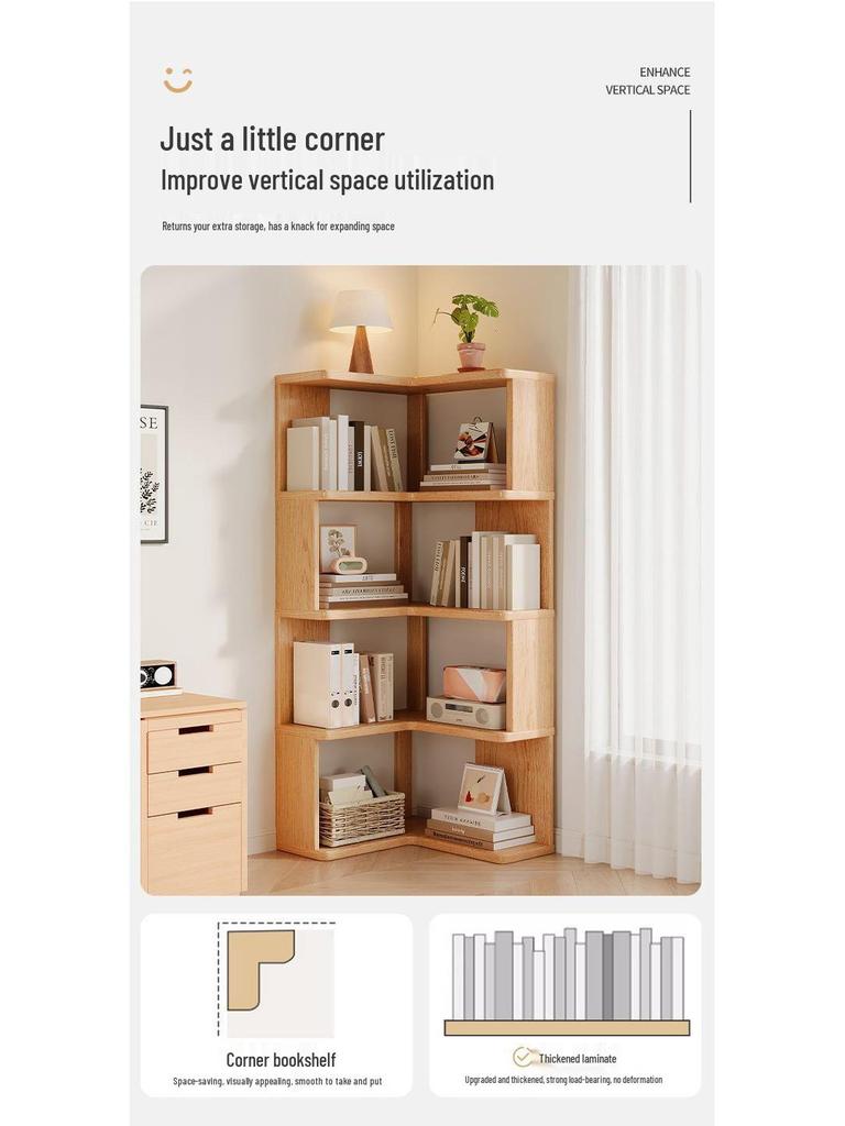 Solid Wood Corner Bookshelf - Multi-layer Storage Rack for Living Room
