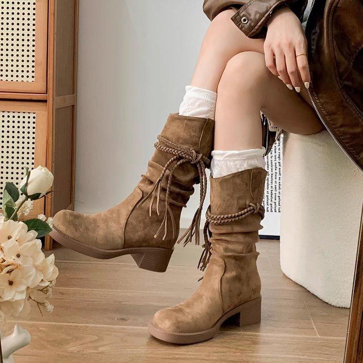 Cowhide version~ retro wasteland fringed knight boots thick heel but knee long boots slim pile medium boots women