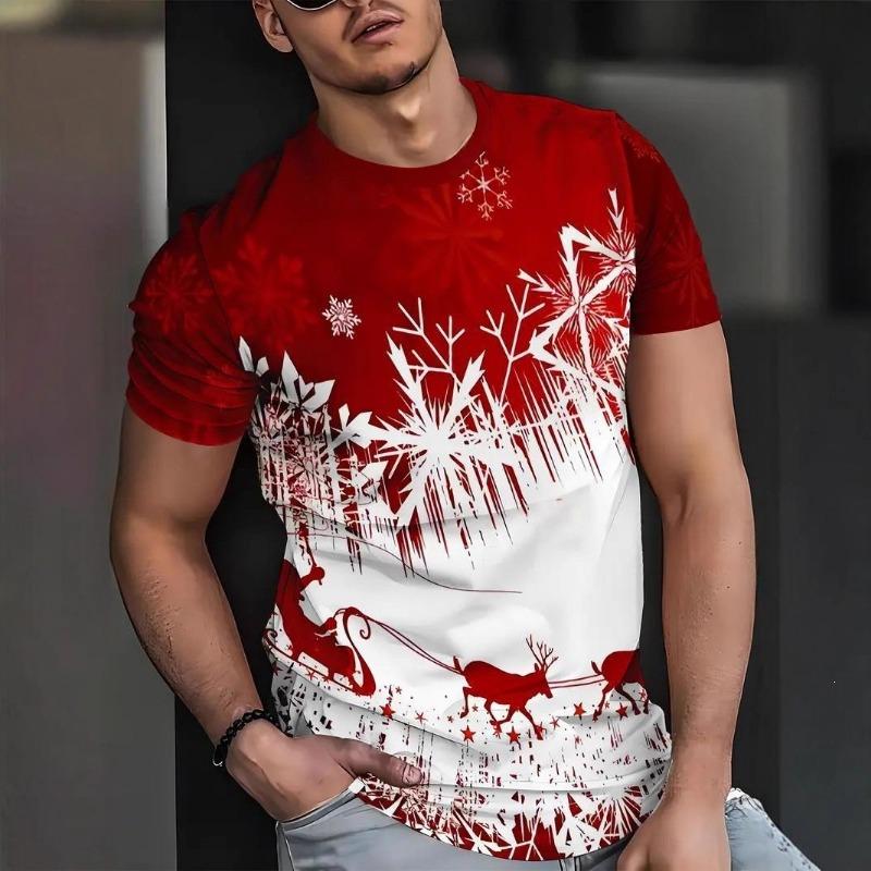 Classic American Cartoon Santa Claus Christmas Tree Short Sleeved Fashionable Holiday Casual T-shirt