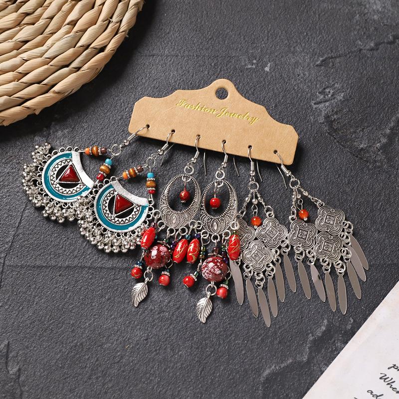 Set earrings retro niche long fringed bohemian vacation style earrings women's earrings