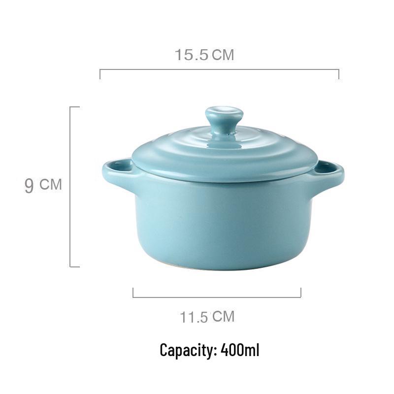 Ceramic Double-Ear Baking Bowl with Lid (400-600ml) - Anti-Scald Soup, Egg, Pudding, Stew Pot