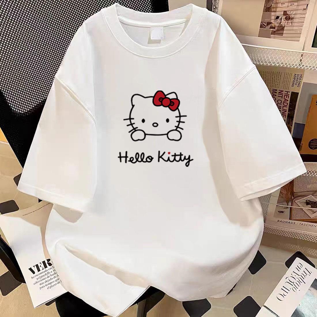 

Pure Cotton Shortsleeved Tshirt Trendy KT Cat Cartoon Unisexs and Womens Top Casual Roundneck Tshirt Short Sleeves S