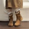 Tassel design mid-tube fashion boots autumn and winter retro fairy style thick heel outer wear versatile height-increasing short Martin boots