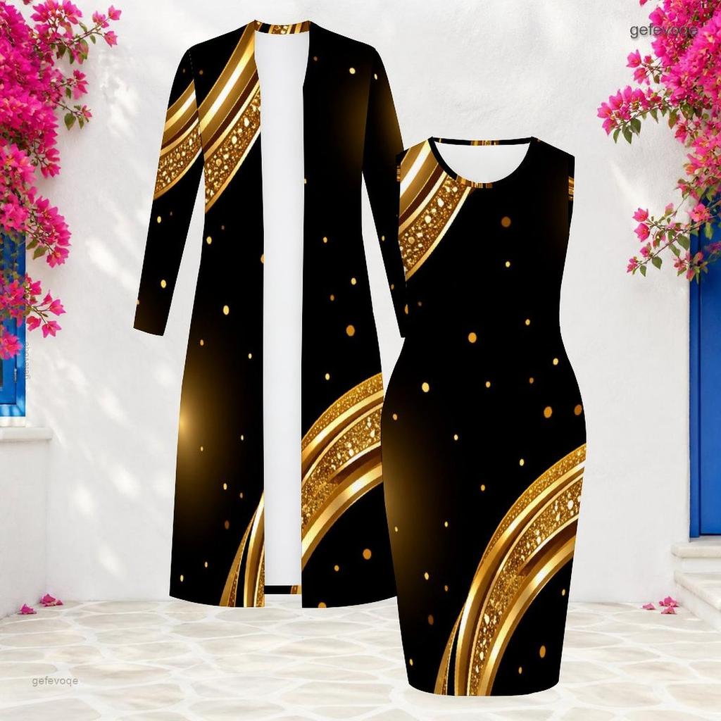 Women Plus Size Black Printed Two Piece Set Long Sleeve Open Front Cardigan Sleeveless Bodycon Dress