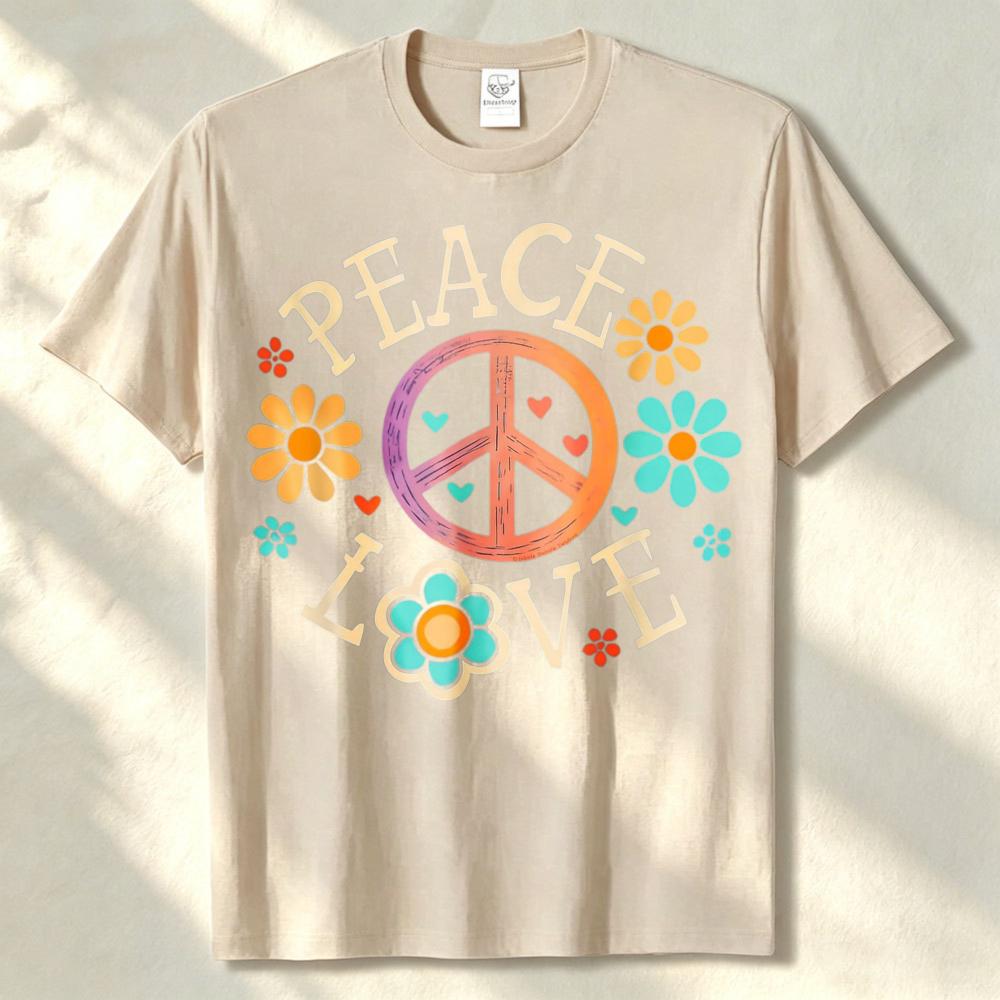 Retro 60s 70s Hippie Peace Love Graphic Tshirt Cotton With Colorful Floral Design Casual Crew Neck Tee For Unisex Clothing Tops