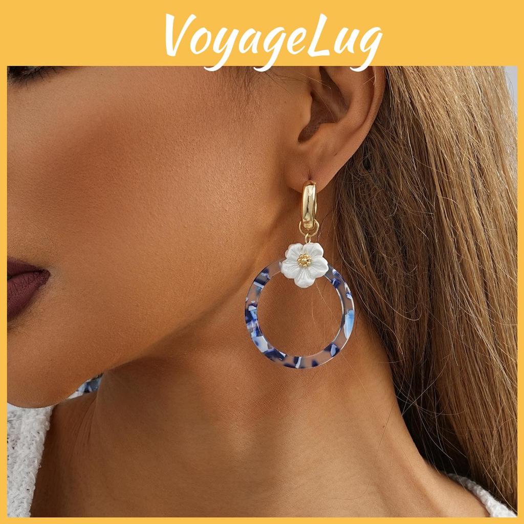 Flower Modern Geometric Circle Earrings Trendy Blue Alloy Womens Accessories