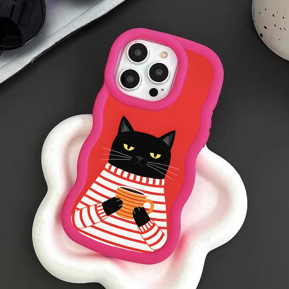 Cute Coffee Cat Wavy Edge TPU Mobile Phone Case for iPhone 17 16 15 14 13 12 11 Air Pro Max Plus Colorful Cover