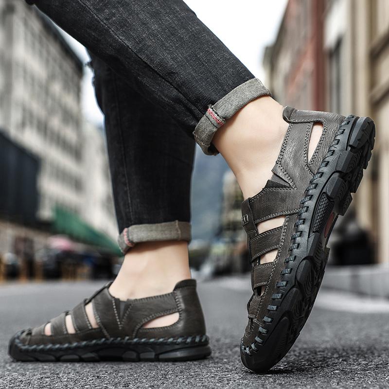 Men Black Leather Closed Toe Outdoor Roman Summer Walking Hiking Sandals Beach Shoes Plus Size