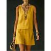 Summer Women Solid 2 Piece Set Casual Sleeveless Linen Cotton Top Vest Shorts Suit Outfit