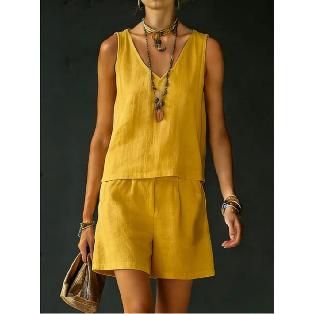 Summer Women Solid 2 Piece Set Casual Sleeveless Linen Cotton Top Vest Shorts Suit Outfit