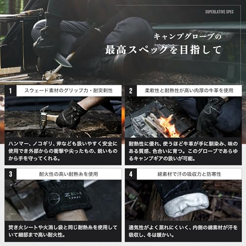 ZEN Camps Camping & Outdoor Gloves, Heat-Resistant Work Gloves, Genuine Leather with Cotton Lining, Suitable for Campfires, 3 Sizes (Black, L)