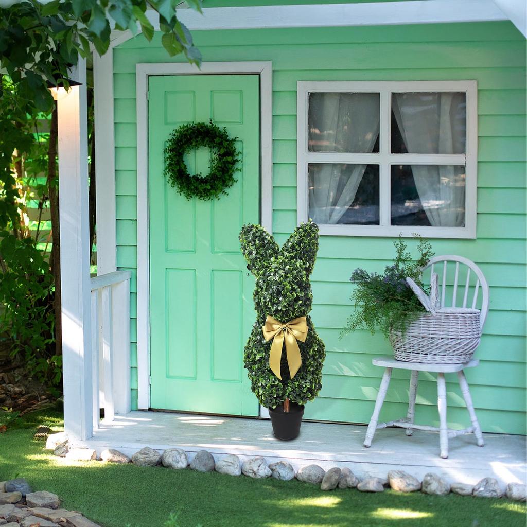 Ornamental Artificial Tree With Golden Bow, Imitation Boxwood Decoration, Suitable For Indoor And Outdoor Porch Decoration