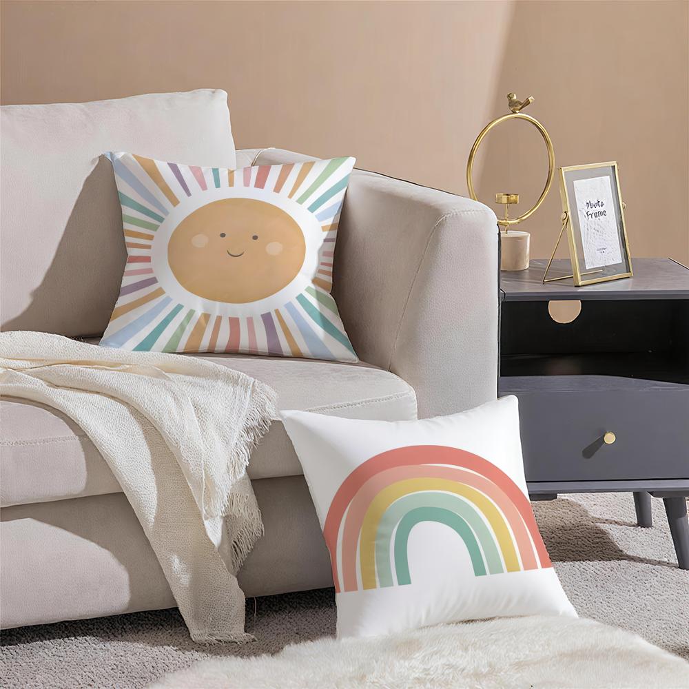 Colorful Cheerful Art Cartoon Rainbow Sun Cushion Cover Throw Pillow Cover Hidden Button Durable Polyester Chair Cushion