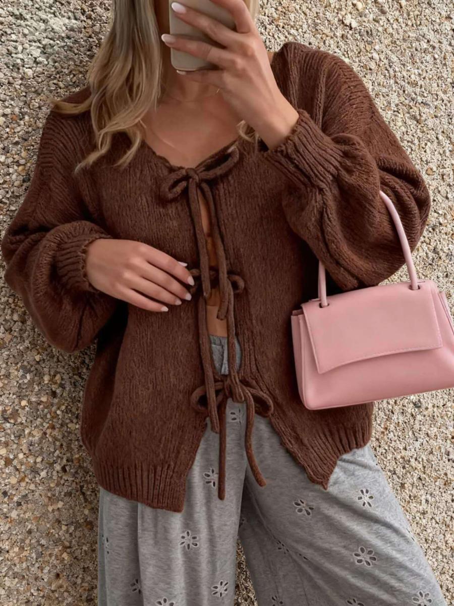 

Autumn New Style Solid Color Crew Neck Casual Knit Open Cardigan Coat for Commute Simple Sweater XXXL темно-коричневого кольору