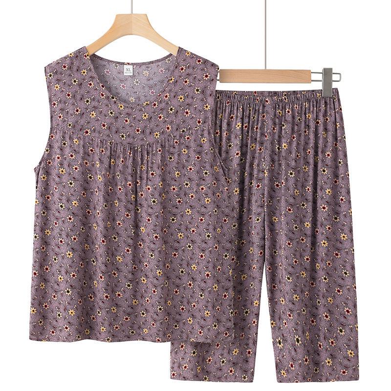 

Grandma s Summer Silk-Cotton Sleeveless Pajama Set - Plus Size, Loose-fit Vest & Shorts for Middle-Aged and Elderly 3XL (135-160 jin)