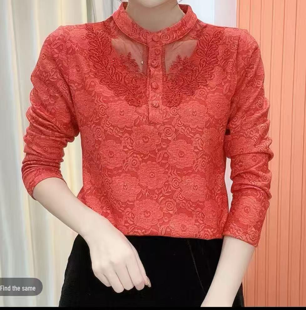 Осенне-зимняя кружевная пэчворк водолазка для стильных мам - Элегантная, омолаживающая базовая футболка с длинным рукавом 2XL (110-120 jin) красный