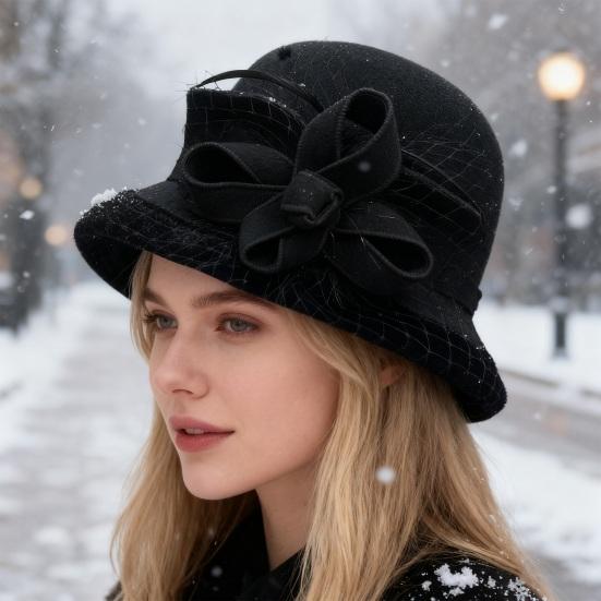 Women Winter Woolen Hat Solid Color Mesh Bowknot Decor Basin Hat Autumn Winter Outdoor Activities Travel Hat