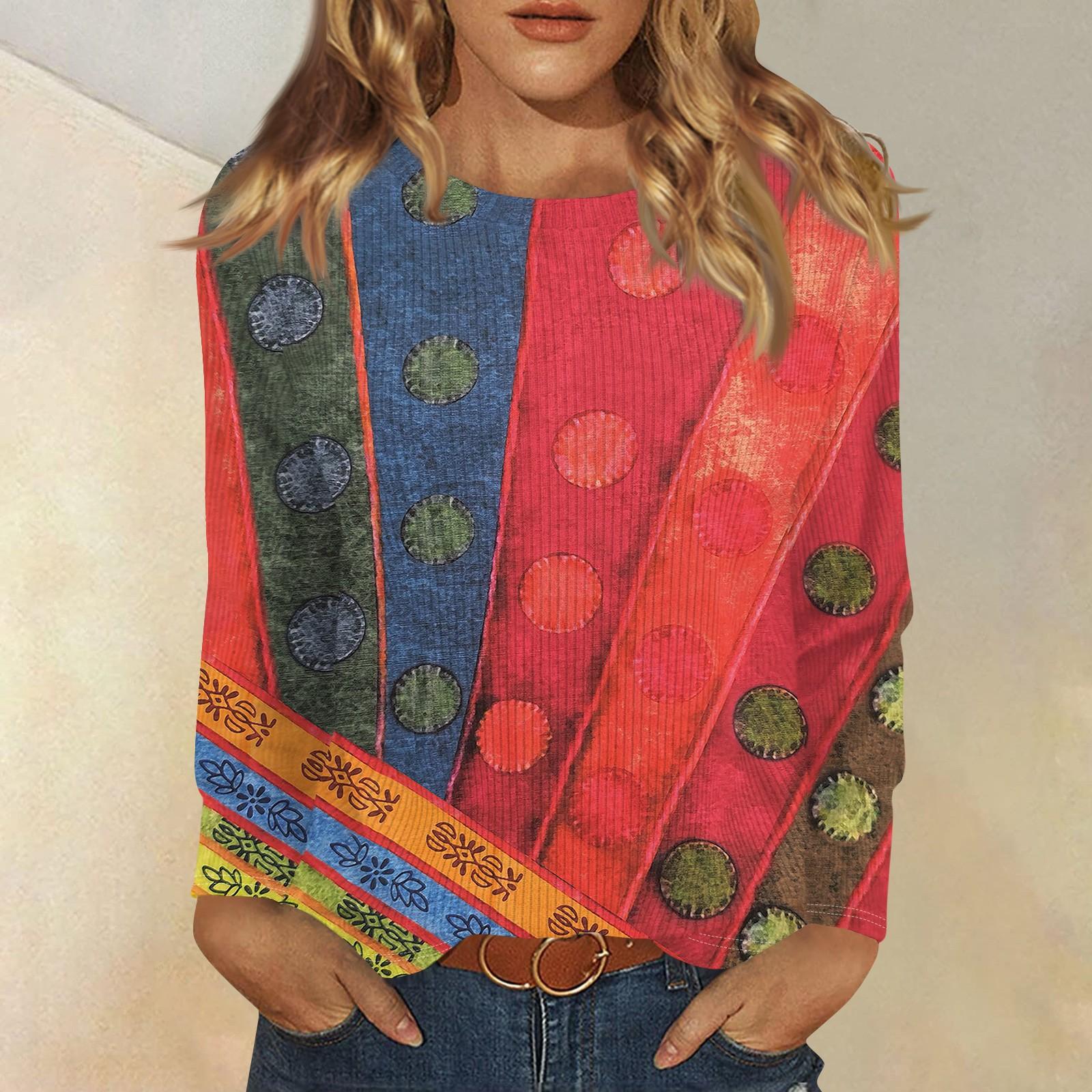 

Длинные рукава топы для женщин футболка повседневные принты топы футболка круглый вырез пуловер блузка XL красный