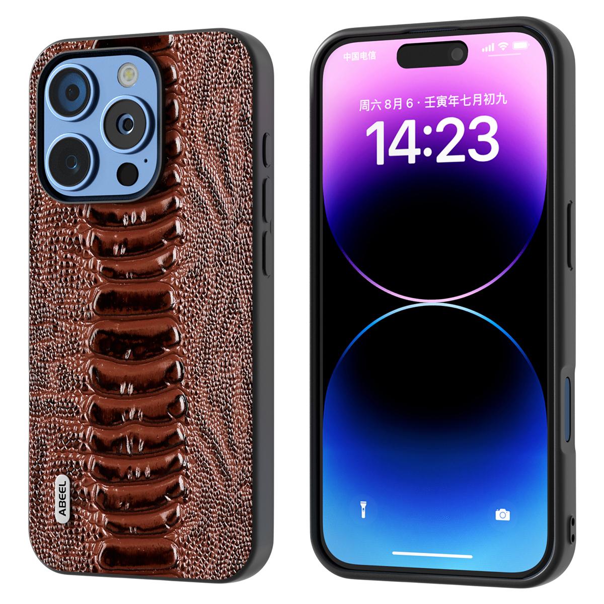 

ABEEL For iPhone 16 Pro Max Case Crocodile Texture Genuine Cow Leather+TPU+PC Phone Cover Coffee