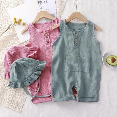 Musselin Sommer Baby Overall mit Hut Weiche Baumwolle Baby Mädchen Jungen Kleidung Ärmellose Kleinkind Strampler Säuglingskleidung Neugeborenen Outfit