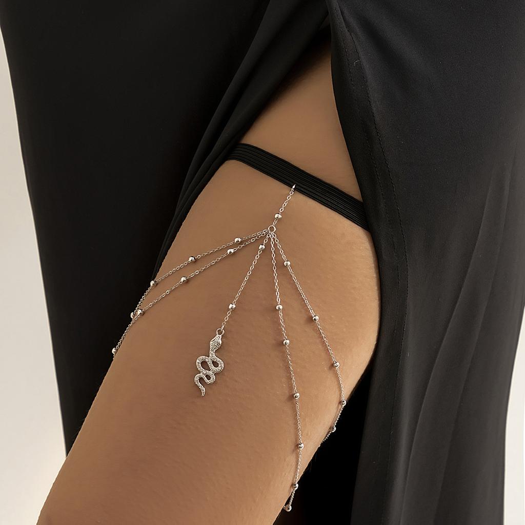 Sexy Metal Snake Pendant Tassel Thigh Chain Double Layer Elastic Beaded Body Chain Jewelry For Women
