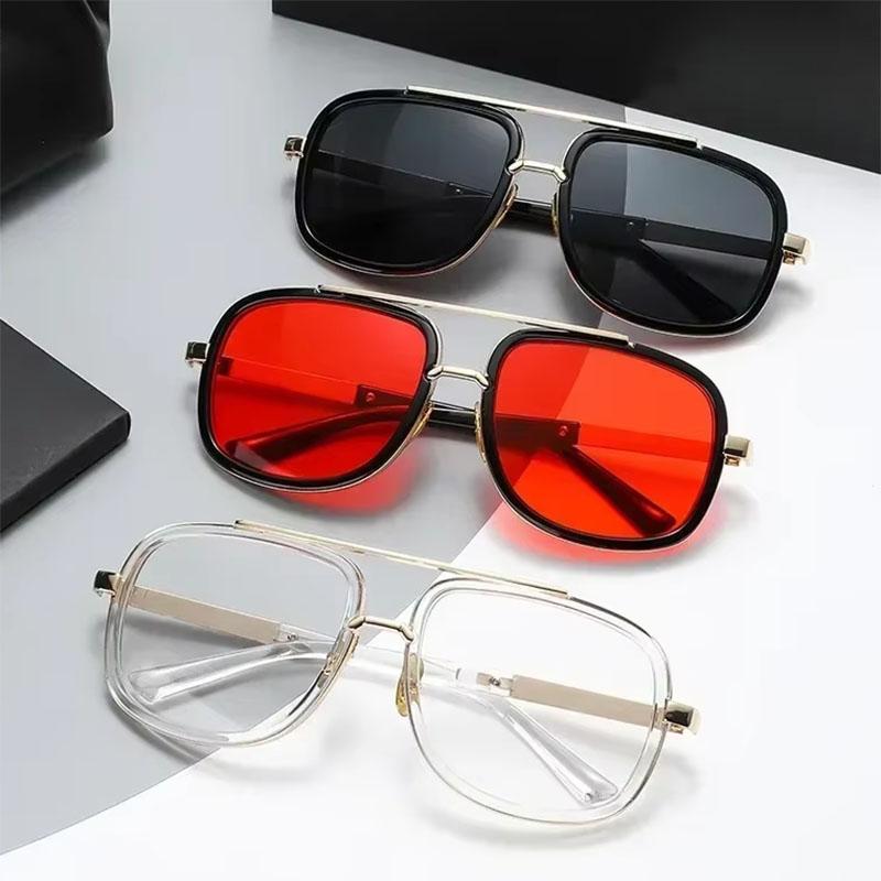 Non-polarized Double Bridges Square Frame Oversized Sunglasses Women Popular Metal Sunglasses Men Punk Driving Sun Glasses
