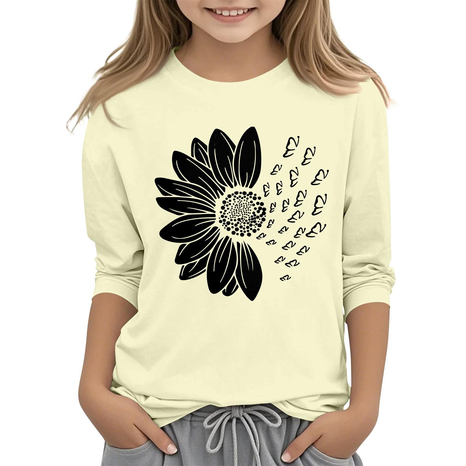 Children s 7 Point Sleeve Printed Sunflower Round Neck Casual T-shirt 110 бежевый