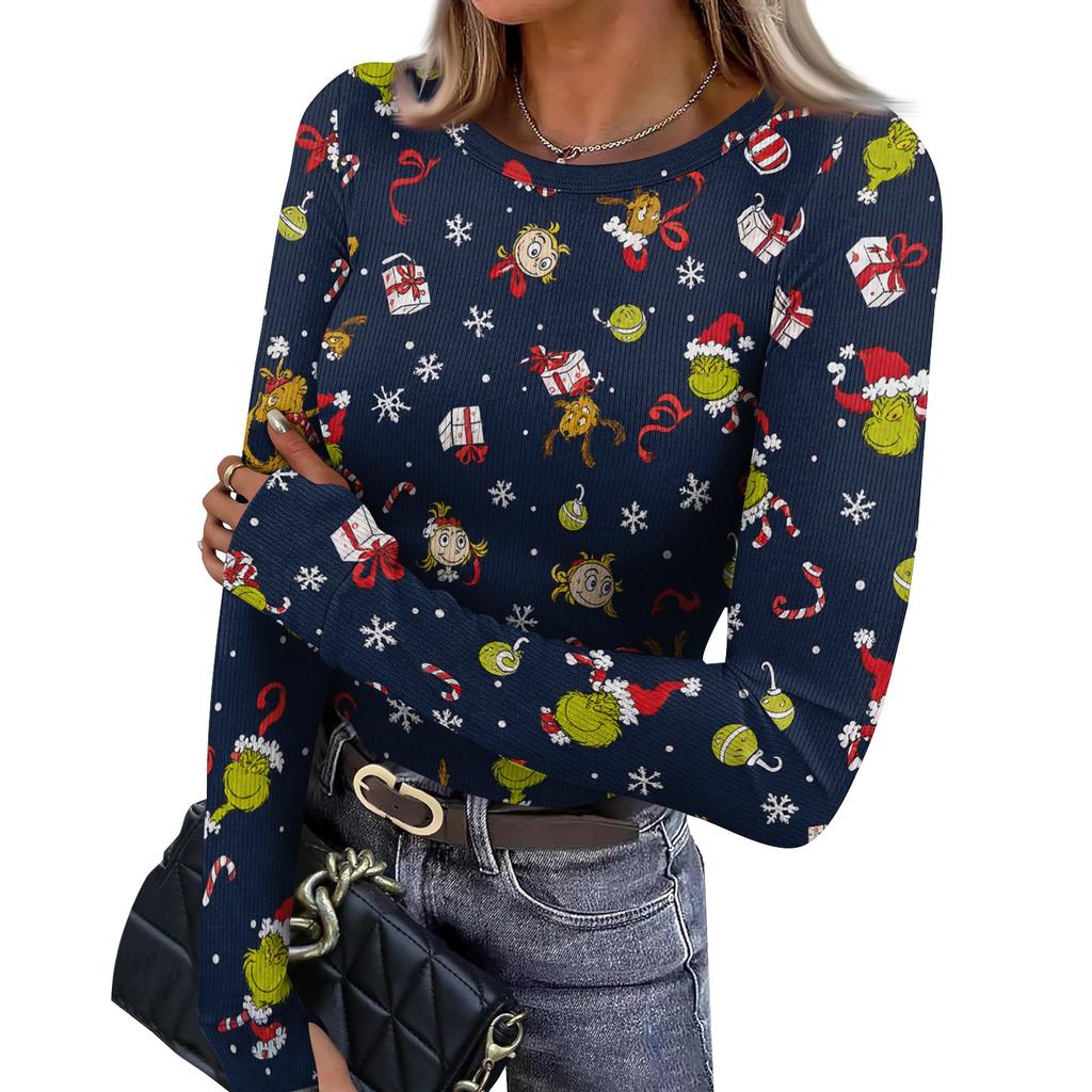Women's Slim Fit Base Layer Long Sleeve Crewneck Pullover T-Shirt with Thumb Holes, Christmas Graphic Print Top
