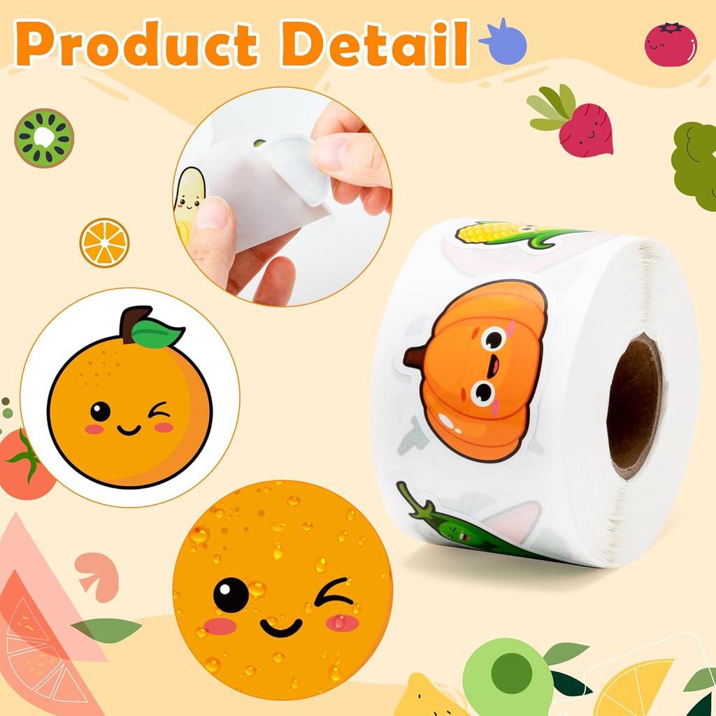 500pcs Roll Stickers Colorful Fruits Vegetables Smiling Face Children Strawberry Banana Watermelon Orange Pumpkin Reward Sticker