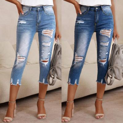 Damen Distressed Zerrissene Cropped Jeans mit Rohkante, High Waist Stretch-Denim-Hose für Lässigen Mode-Stil