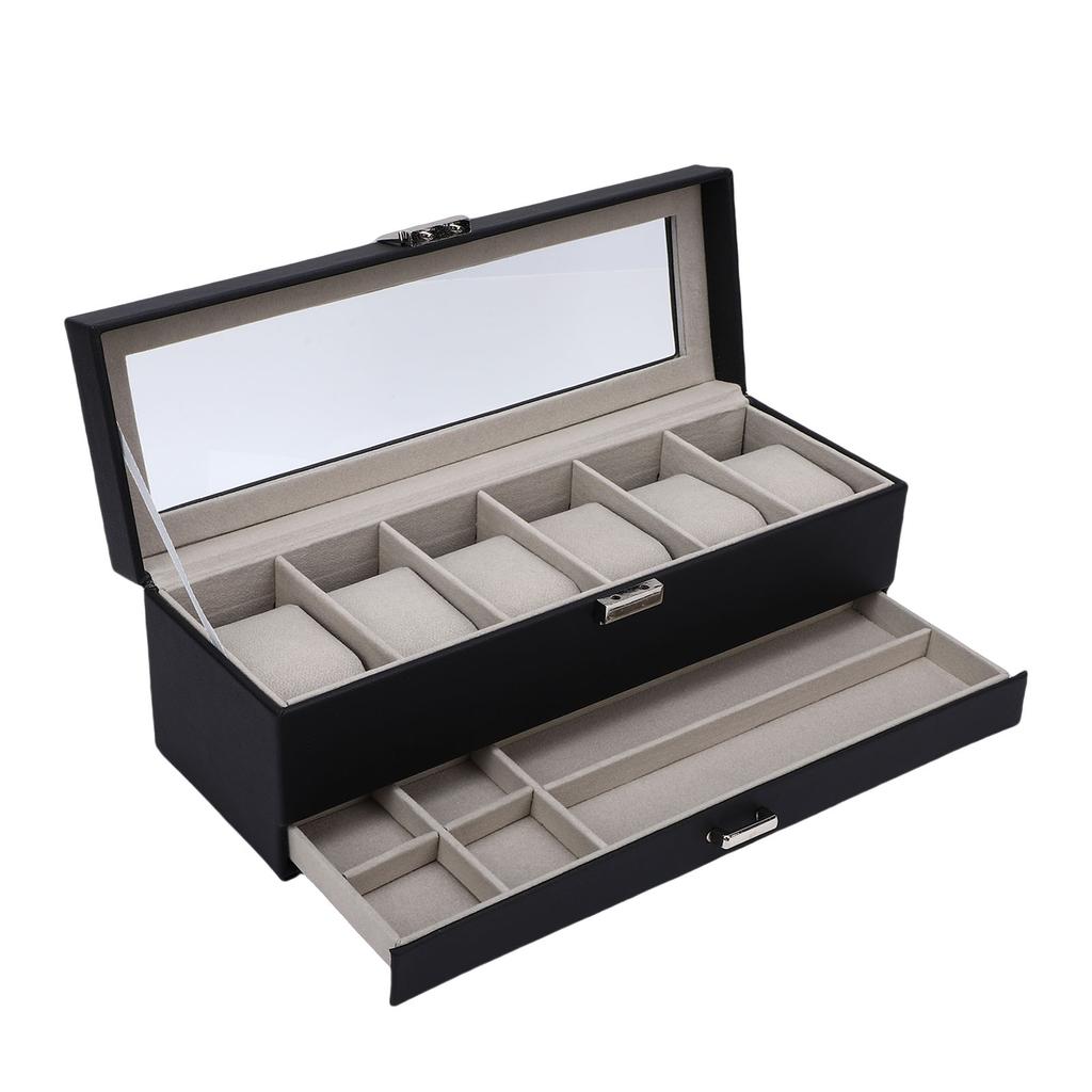 Watch Box 6 Slot Watches Display Case 2 Layer Jewelry Organizer Storage Holder Organizer Black