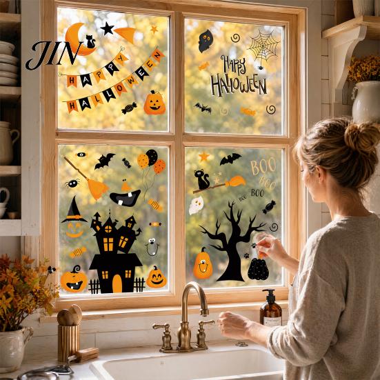 Cartoon Pumpkin Window Cling 4 Sheets Halloween Electrostatic Glass Stickers, Pumpkins Castle Bats Bright Color Decals PVC Waterproof Static