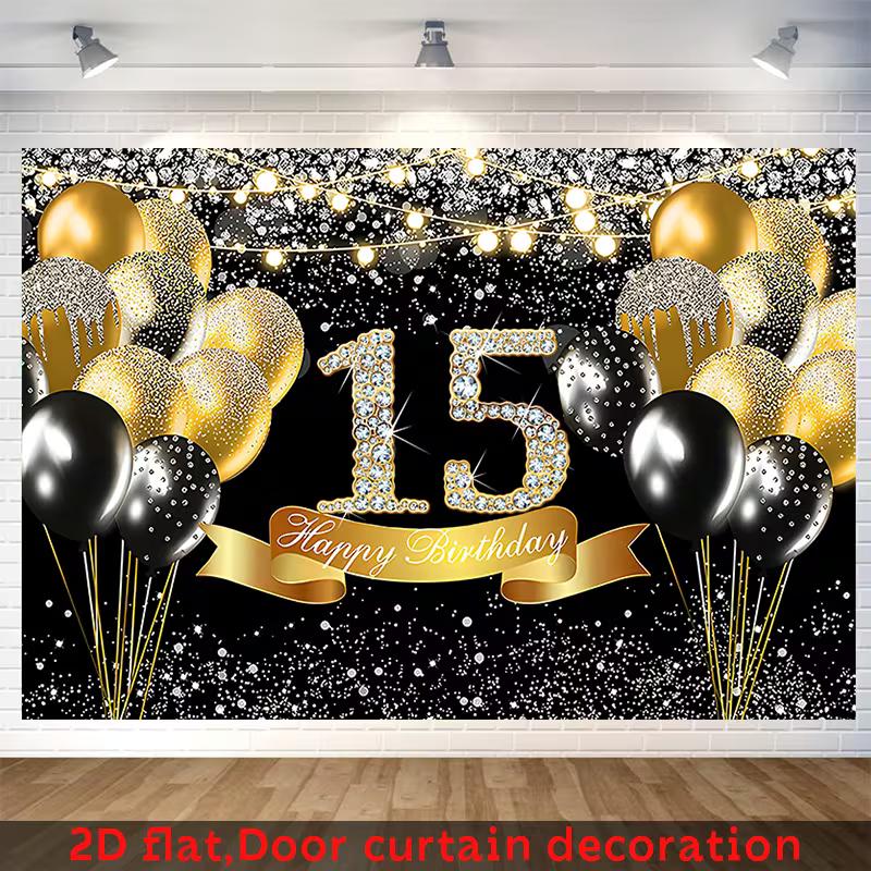 2D Black Gold Glitter Diamond Number 15 Balloon Happy Birthday Backdrop Teen Wall Tapestry