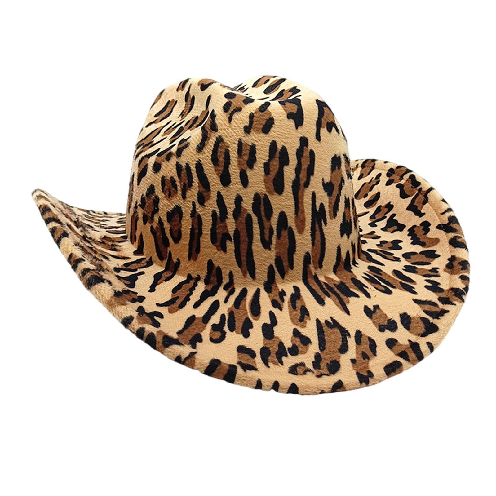 

Western Styles Hat Roll Trim Cowgirl Fedoras Wide Brim Hat with Leopard Pattern for Outdoor Activity and Cosplay Party T1