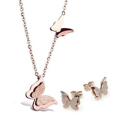 Stilvoller, mit 18 Karat Roségold vergoldeter Schmetterlings-Halskettenschmuck für Frauen und Mädchen (Anhänger und Ohrringe)