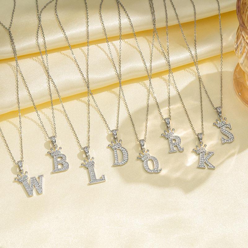 Cubic Zirconia Crown Letter Pendant Necklace Silver Hip Hop Punk Alphabet Jewelry