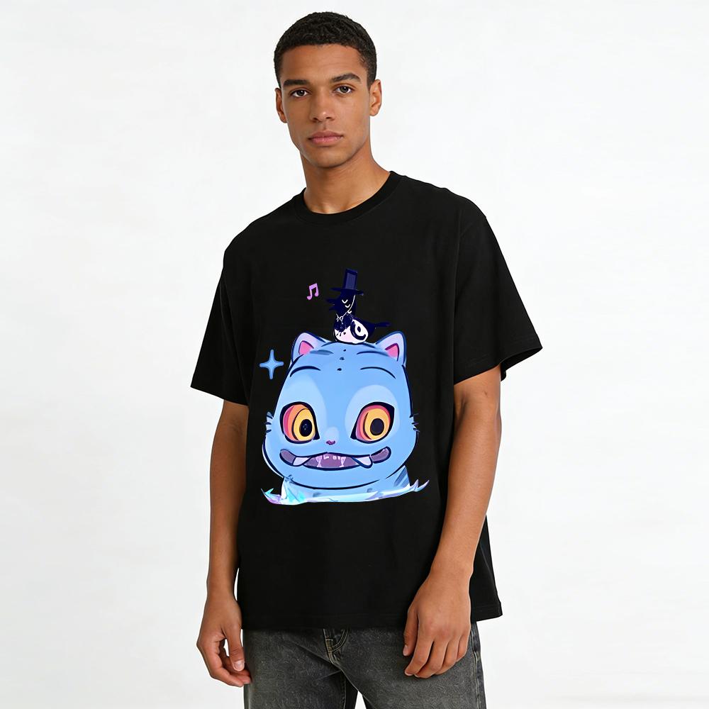 Funny Blue Cat & Top Hat Bird Print T-Shirt Unisex Casual Cartoon Loose Fit Tee For All Pure cotton T-shirt
