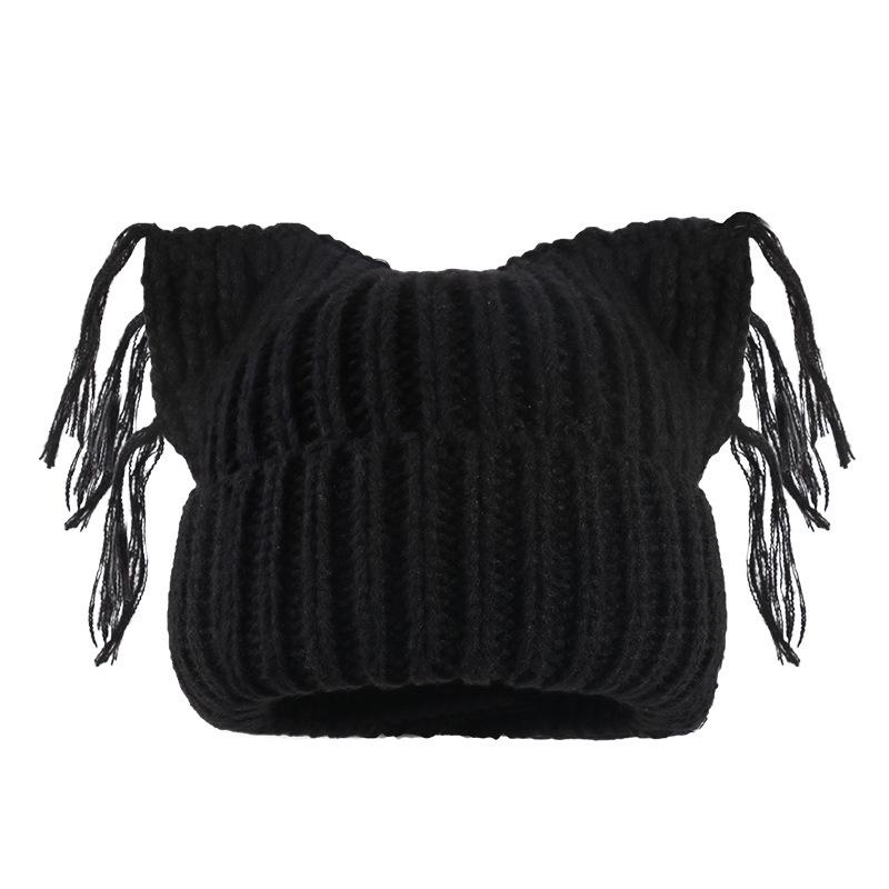 Korean style Cat ear Tassel Hats Women's Autumn and Winter Woolen Hats Outdoor Warm Cold Hats Versatile and Cute Knitted Hats for Students