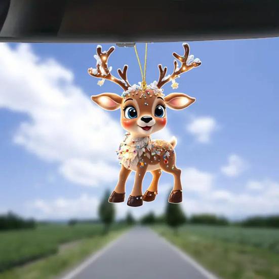 2D Flat Acrylic Elk Pendant Cartoon Deer Car Rearview Mirror Charm Christmas Tree Hanging Decoration for Auto Interior Accessories Holiday Window Wall