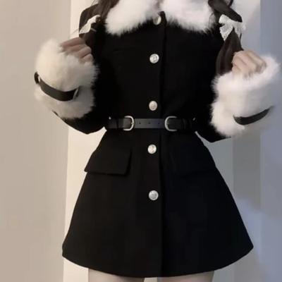 2023 Winter Black Elegant Coats Women Casual Sweet Warm Long Sleeve Fur Collar Dress Coat Korean Fashion Jacket Outwear Chic New