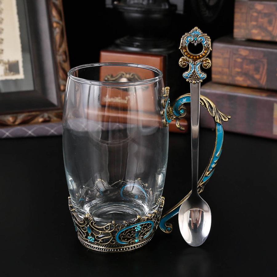 Europäische Glas Kaffeetasse hoher Wert leicht zu reinigen Kaffeetasse mit Henkel Löffel hitzebeständige Tasse Retro Blume Teetasse
