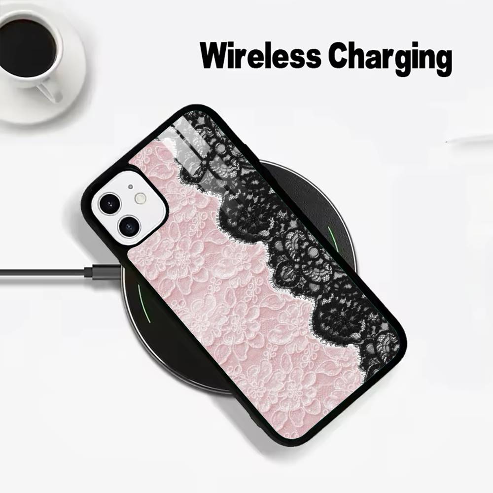 L-Lace Print Pattern Phone Case For IPhone17 16 15 14 13 12 11  Pro Max 16/15/14Plus Wireless Charger Cover Funda
