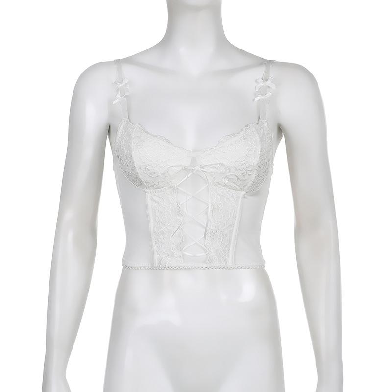 Purely Sweet and Spicy Lace Patchwork Bow Suspender Sexy Perspective Cross Strap Strapless Hot Girl Corset with Design Sense of Ultra-short Vest