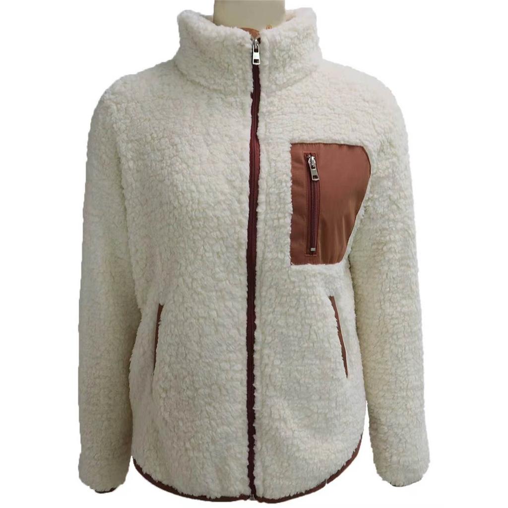 Women Fleece Zip‑Up Jacket Stand Collar Contrast Patch Pocket Long Sleeve Loose Warm Sherpa Coat Casual Outerwear